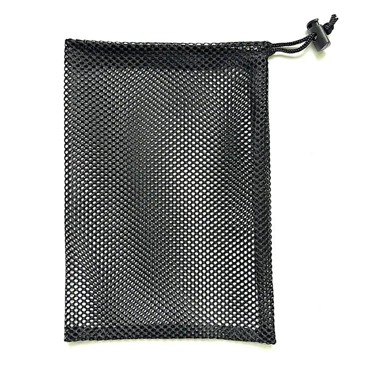 Black mesh drawstring storage bag with grid pattern, shown in three different sizes.