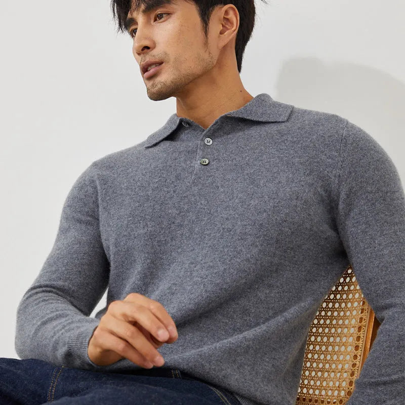 Men's loose fit cashmere pullover sweater with a ribbed polo collar in sapphire blue