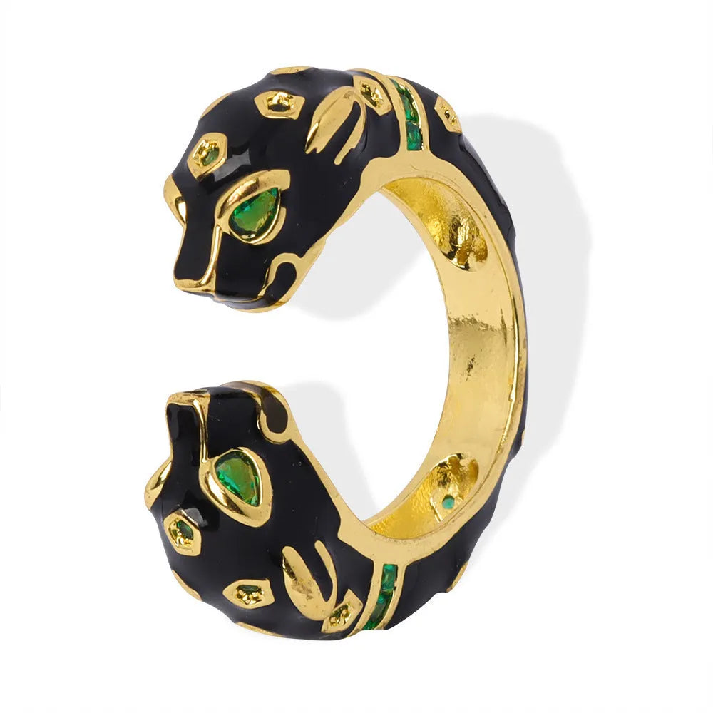 Black cheetah pattern open ring with geometric oil dripping design on copper