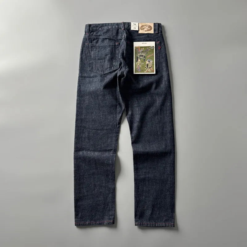 Men's straight leg denim trousers in primary colour with mid-rise waist