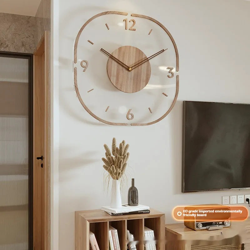 Transparent wooden wall clock with modern design measuring 35cm square