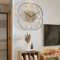 Transparent wooden wall clock with modern design measuring 35cm square