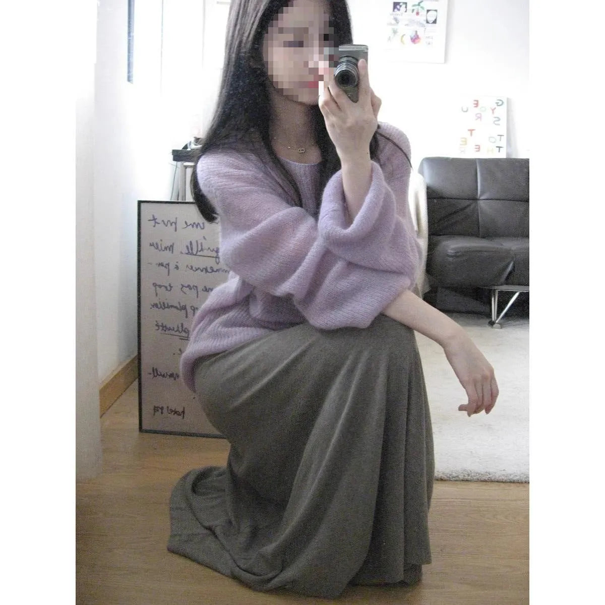 Purple women's blouse with princess sleeves and hollow out detailing, made from ice silk fabric.