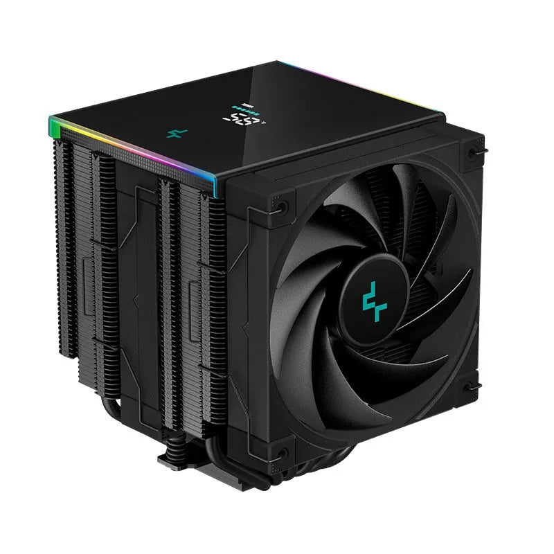 DeepCool twin tower CPU air cooler with digital temperature display on front, black and white colour options.