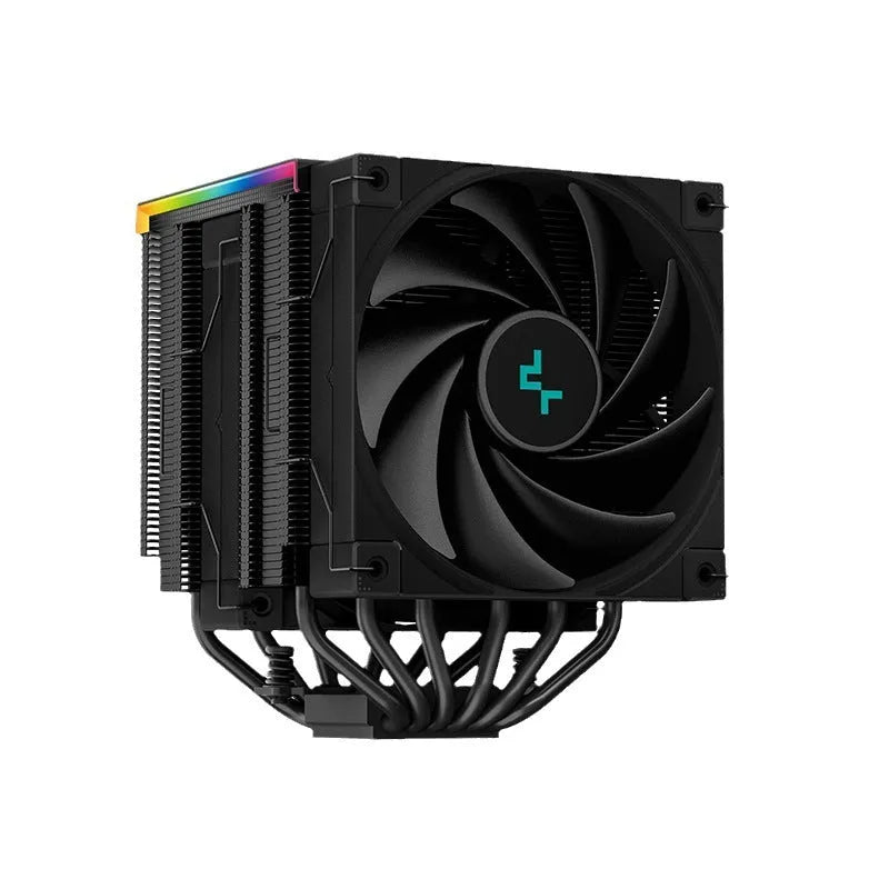 DeepCool twin tower CPU air cooler with digital temperature display on front, black and white colour options.