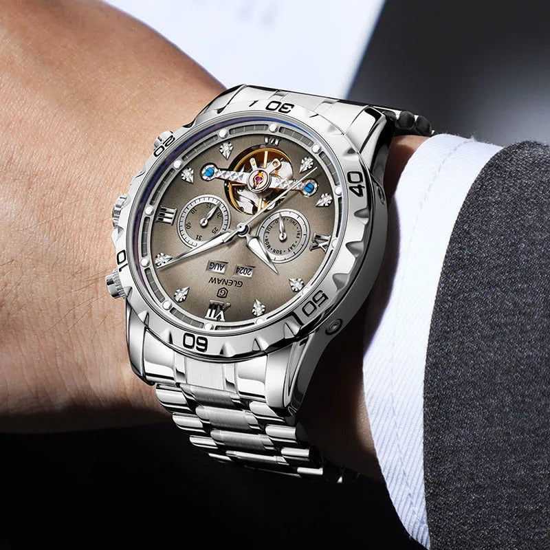 Men's automatic mechanical watch with stainless steel strap in silver and blue colour combination