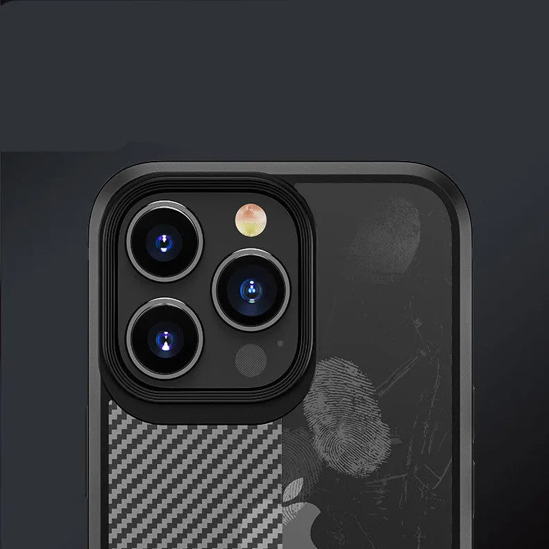 iPhone 13 series protective case in black with carbon fibre pattern and dual-material TPU/PC construction