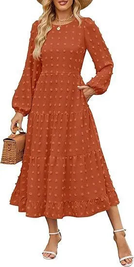 Women's long sleeve casual dress in beige with ruffle sleeves and a high waist.