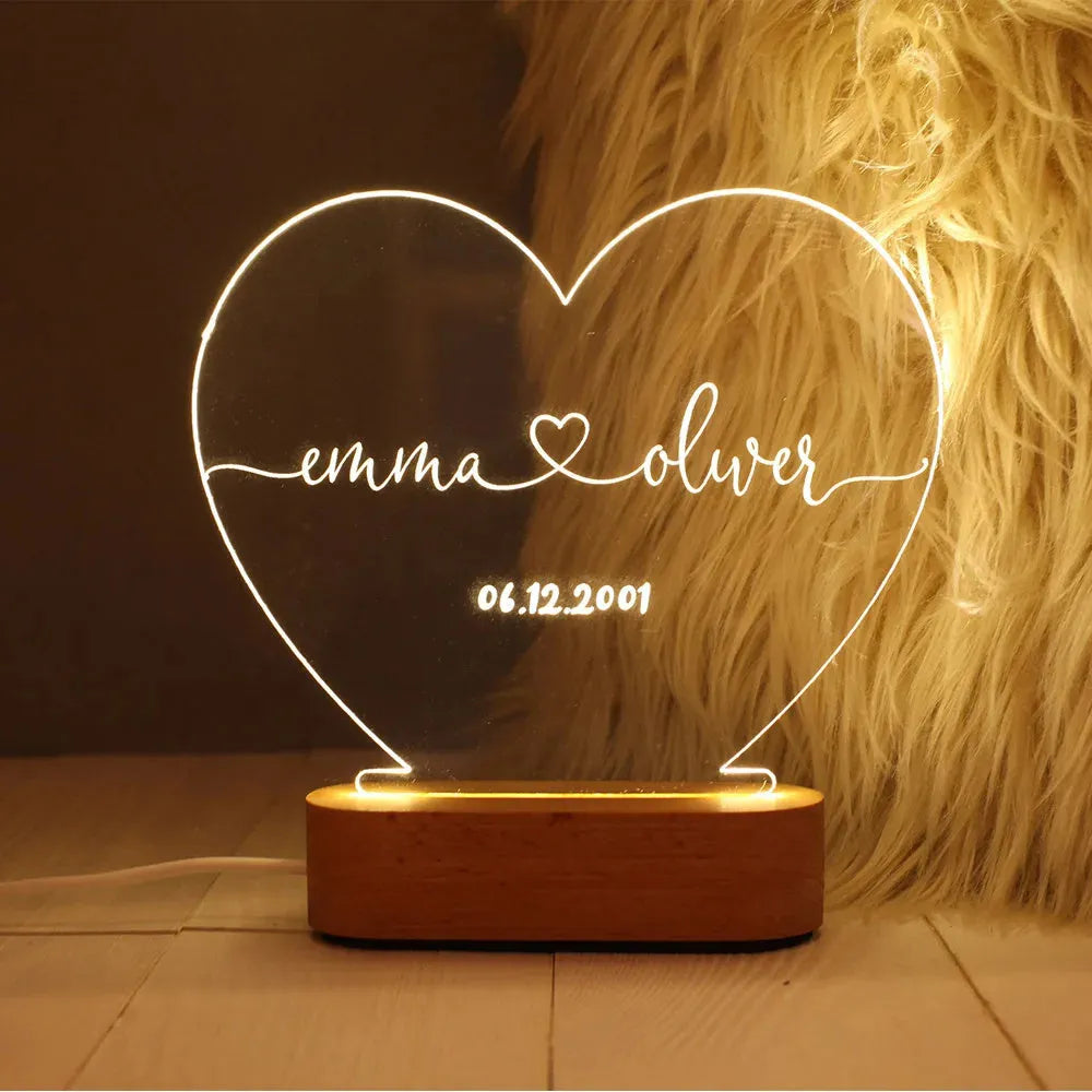 Custom personalised night light with names and date for Valentine's Day anniversary gift