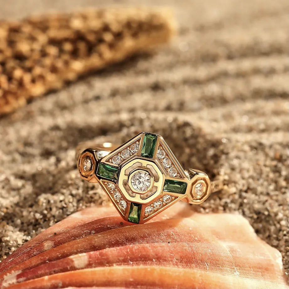 Square-cut emerald green ins style fashion ring for women on a white background.