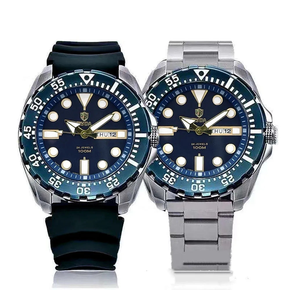 Men's waterproof sports watch with luminous dial and quartz movement on a steel strap.