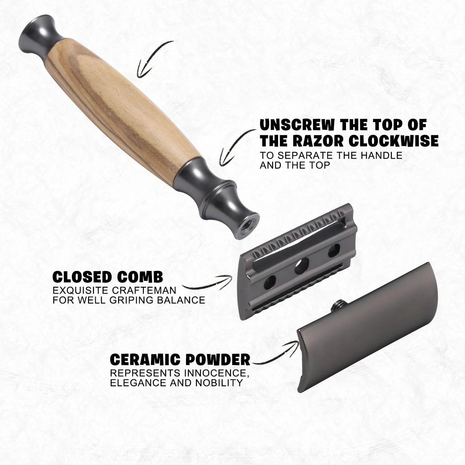 Men's copper manual safety razor with olive wood handle on aluminium alloy stand, with blades and cleaning brush
