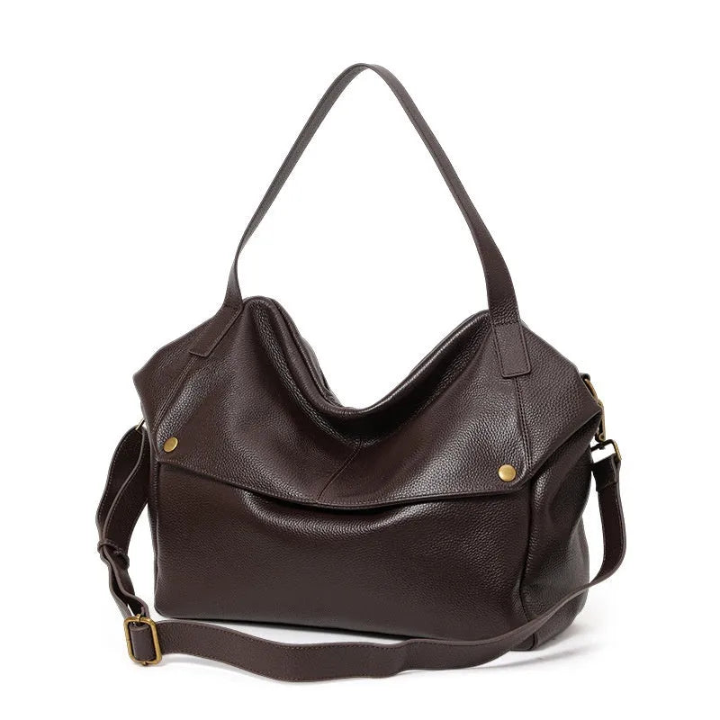 Brown genuine leather women's commuter shoulder bag with square shape and shoulder strap