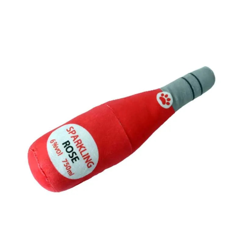 Plush wine bottle pet toy for dogs and cats in six colour variations