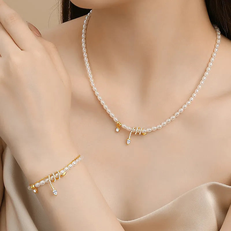 925 silver snake bracelet with pearl beading in gold or white gold electroplated finish, geometric animal design