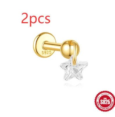S925 sterling silver geometric moon and star earrings with diamond accents in gold tone