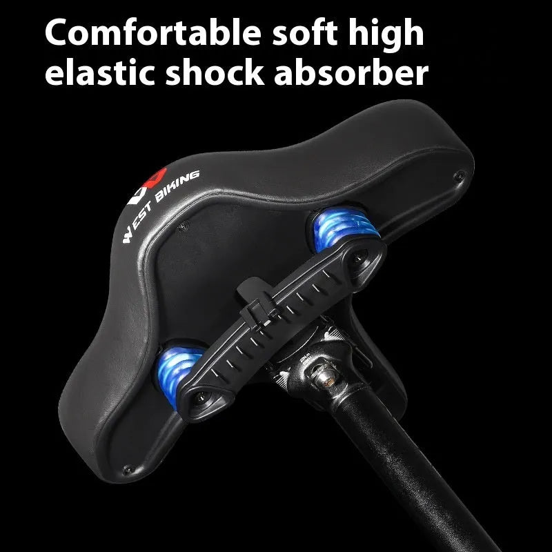 Black leather bicycle seat cushion with thick polyurethane foam padding for shock absorption.