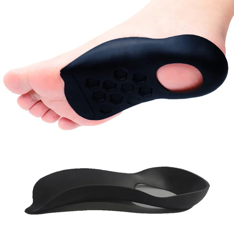 TPR arch support varus correction insoles in white, black, and skin colour showing size ranges 35-39 and 40-45.