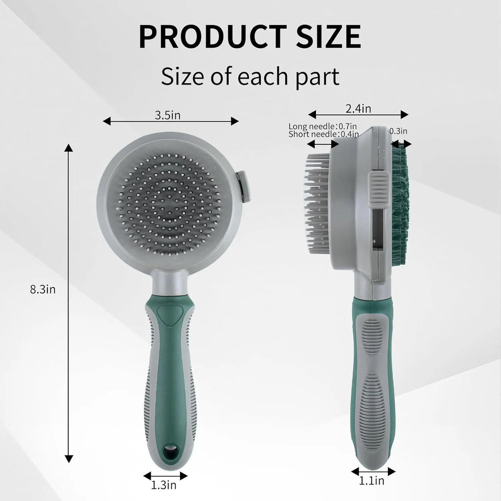 Two-sided silicone cat brush showing retractable slicker side and octopus-teeth massager side