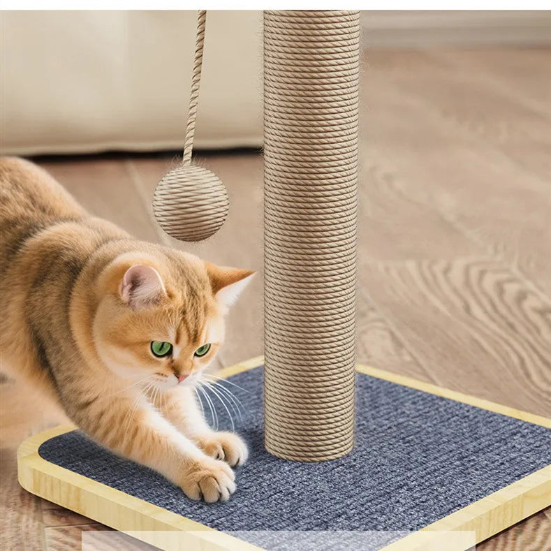 Windmill-coloured cat climbing frame with a hanging ball toy, made from pine wood and carpet leather.