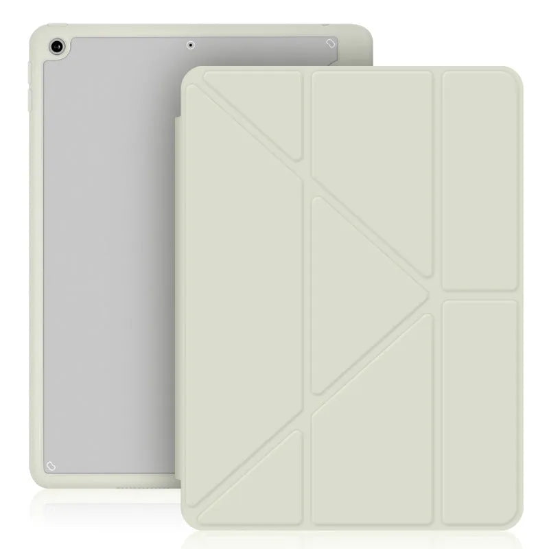 Apple iPad leather case with Y-folding acrylic cover, built-in pen slot, and bracket stand in dark grey colour