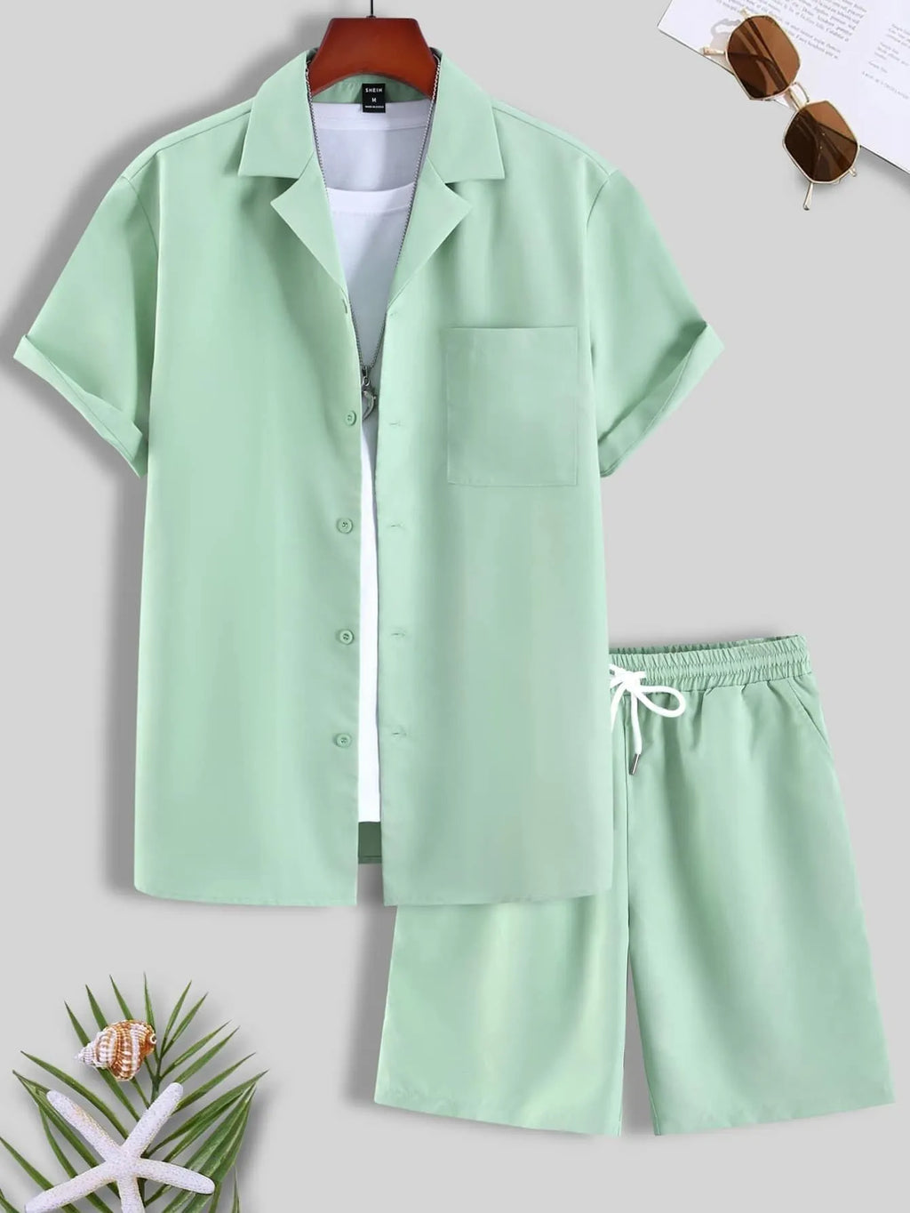 Men's short sleeve Cuban collar sport suit with matching shorts in thin polyester fabric