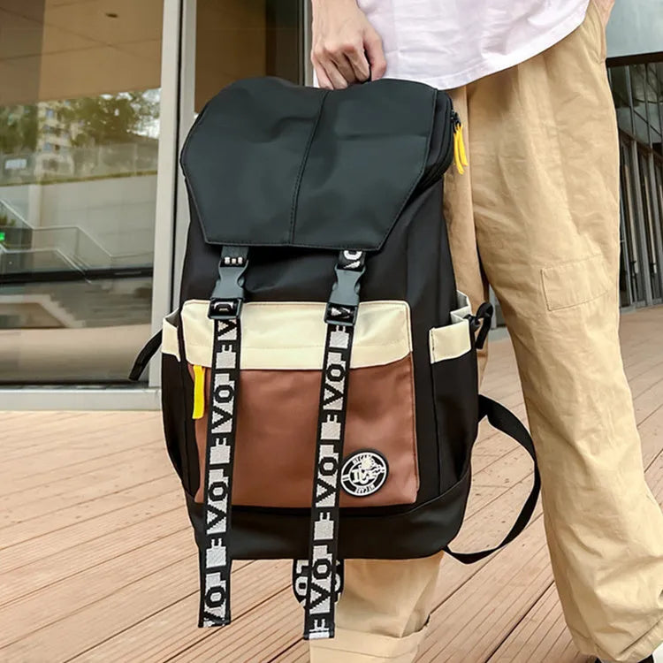 Oxford cloth backpack in black green or red colours showing dimensions and three carrying options