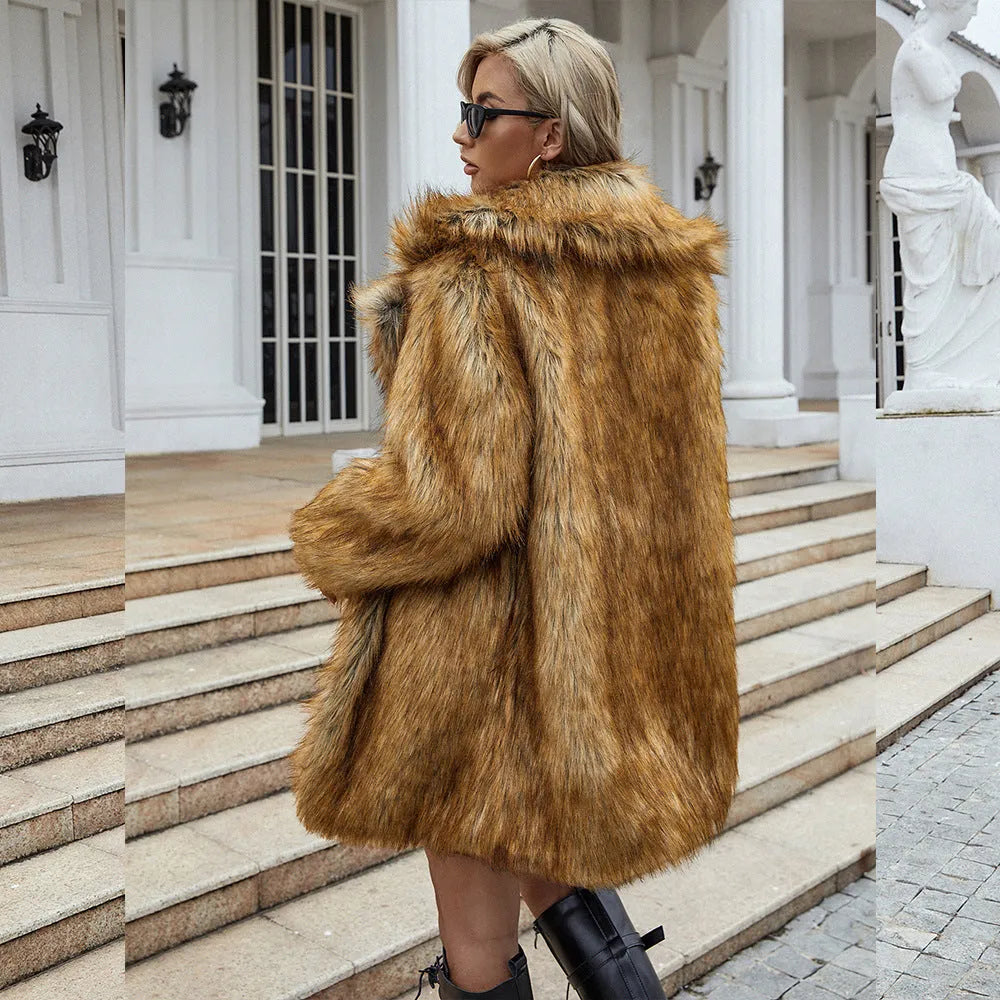 Yellow women's artificial fur coat with regular sleeves measuring 80cm length