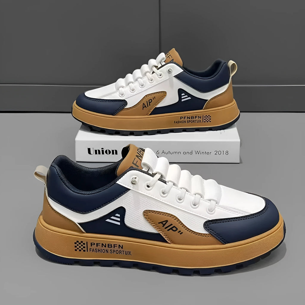 Men's solid colour casual shoes with artificial PU upper in white and orange, white and black, and white and brown colourways.