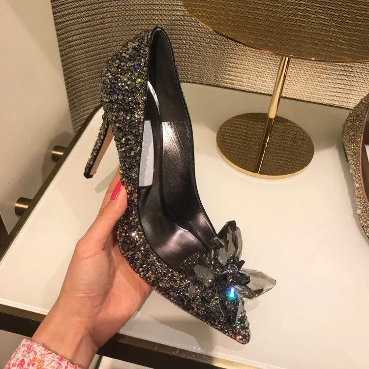Women's gold pointed toe high heels with rhinestone decoration and stiletto heel