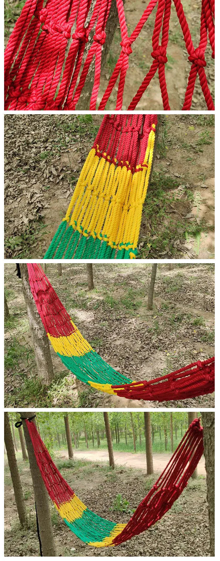 Nylon rope mesh hammock measuring 1.1m wide by 2.1m long with bold pattern design