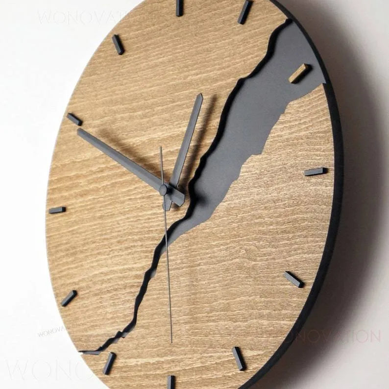 Simple wooden wall clock with creative cracked finish design in modern style