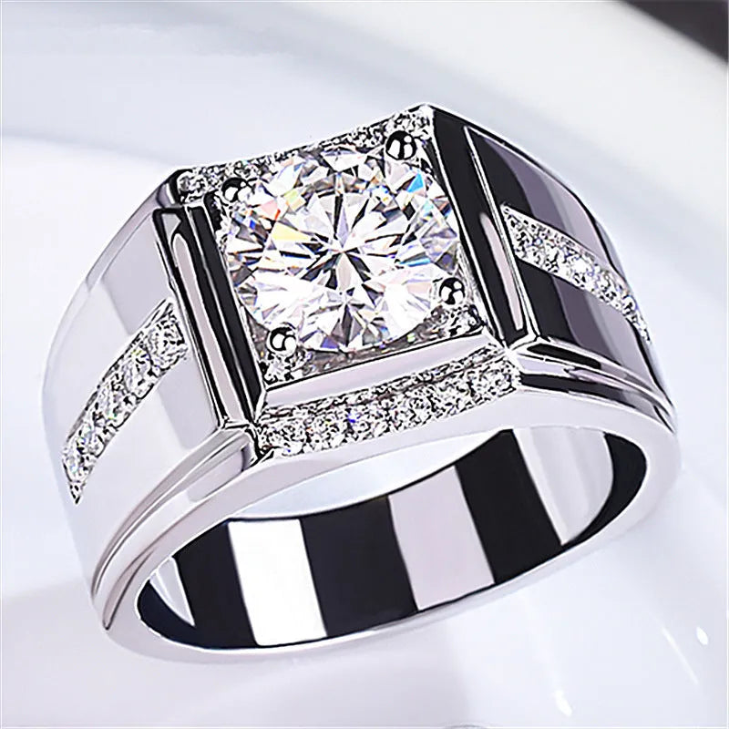Men's adjustable copper ring with imitation moissanite stones in geometric pattern