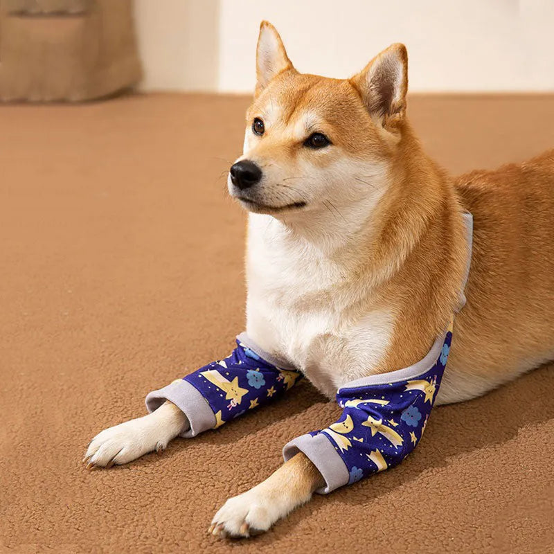 Adjustable dog elbow sleeve with plastic buckle and matching scarf in blue, grey, or yellow colours