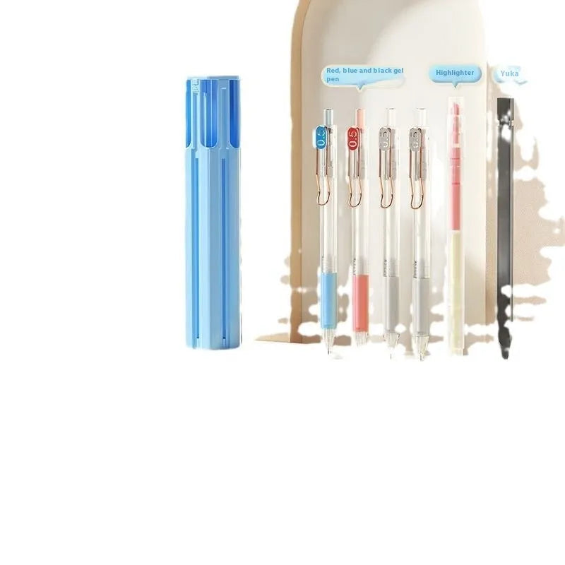 Plastic pressing pen pencil case kit in sky blue, white, or pink, showing six-pen simple and sixteen-pen suite versions