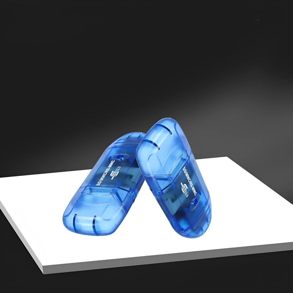 Transparent USB card reader with visible internal components and LED lighting