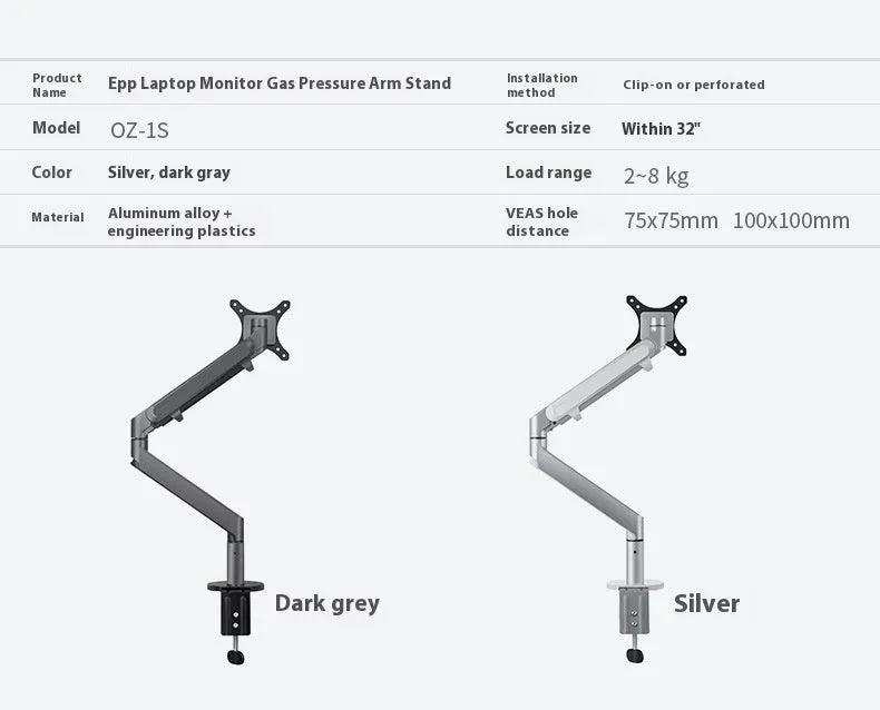 Silver aluminium VESA laptop mounting bracket with adjustable air pressure arm mechanism