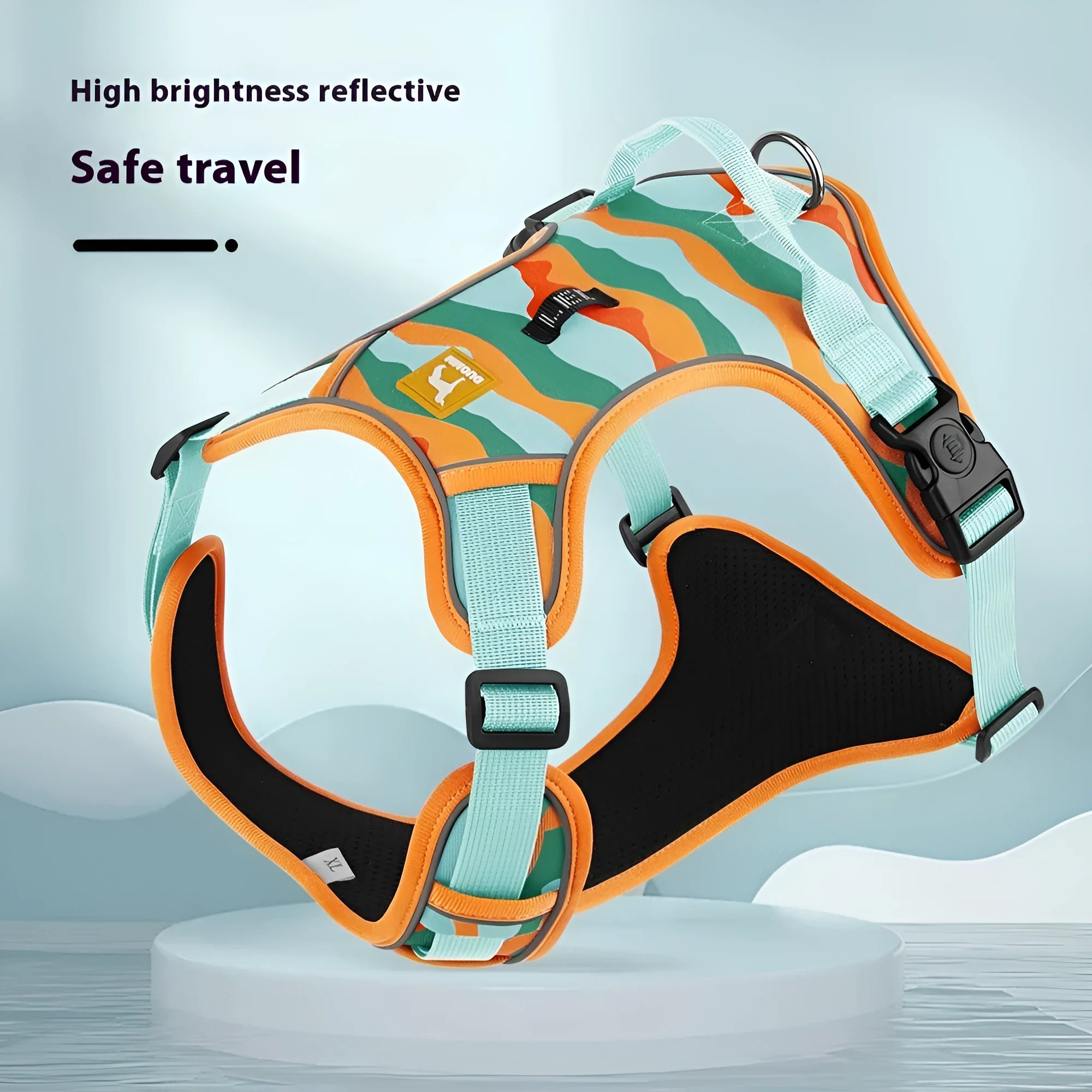 Reflective dog walking rope with chest harness in Oxford cloth, showing hand-holding loop and adjustable sizing
