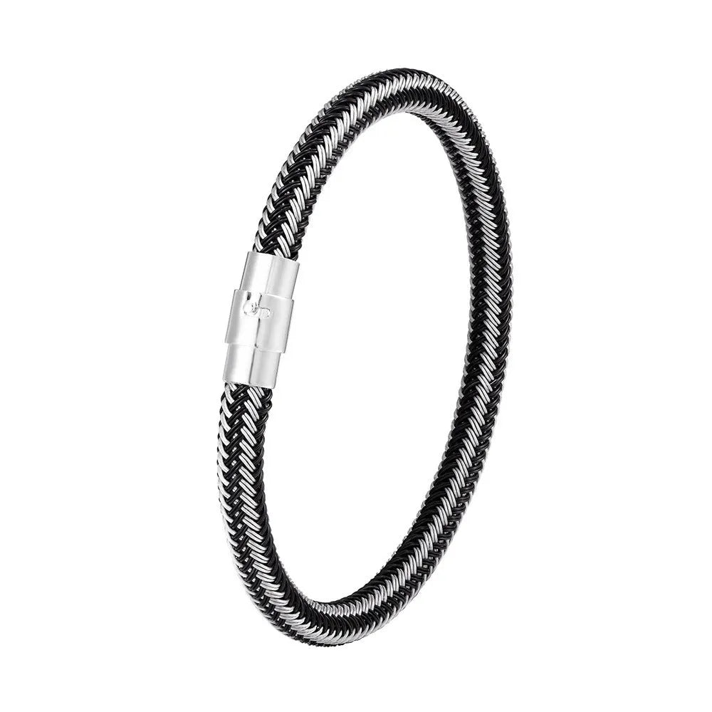 Titanium steel wire bracelet with magnetic clasp shown in a geometric unisex design.