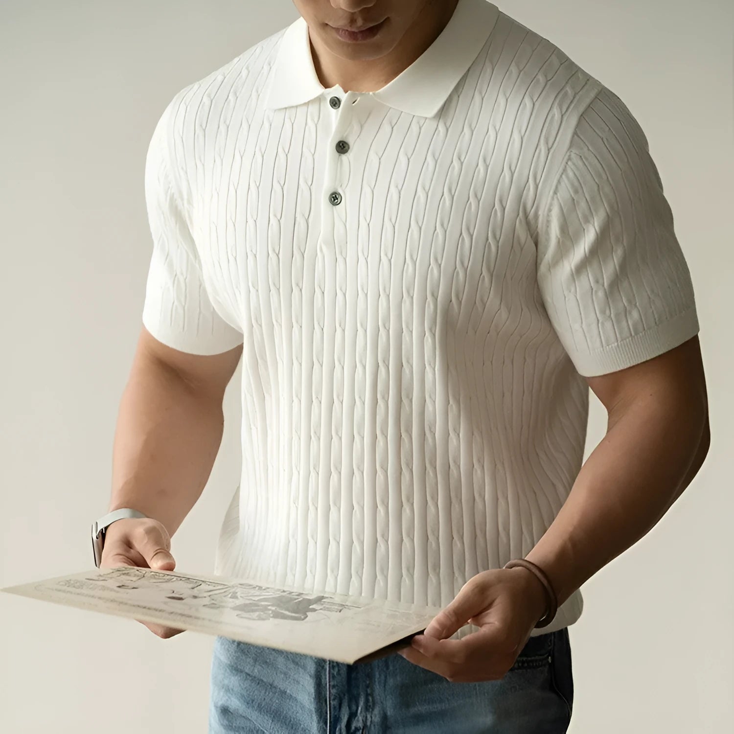 Men's khaki short sleeve polo shirt for business casual wear with Asian sizing labels