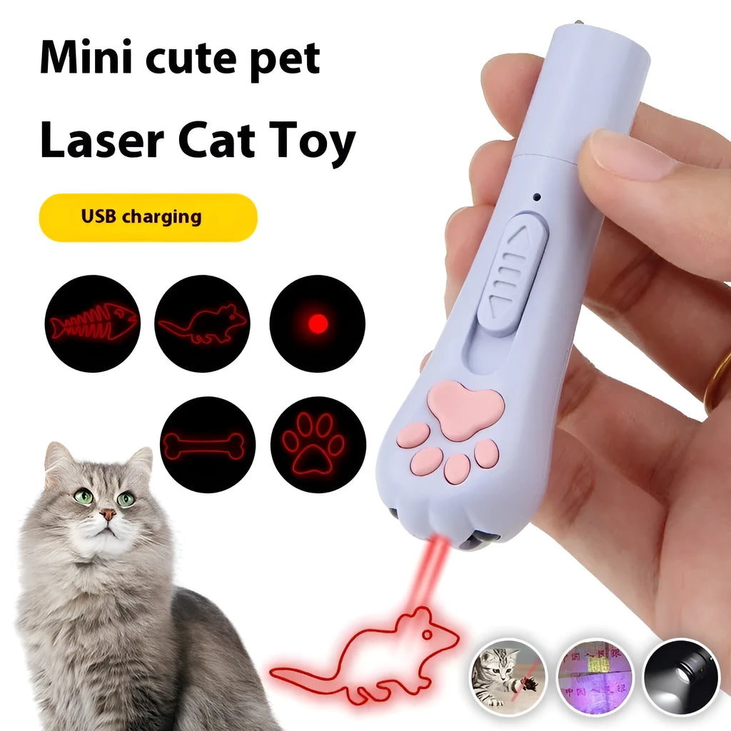 Infrared mini cat footprints laser toy with charging function in blue, pink, purple and white colour options