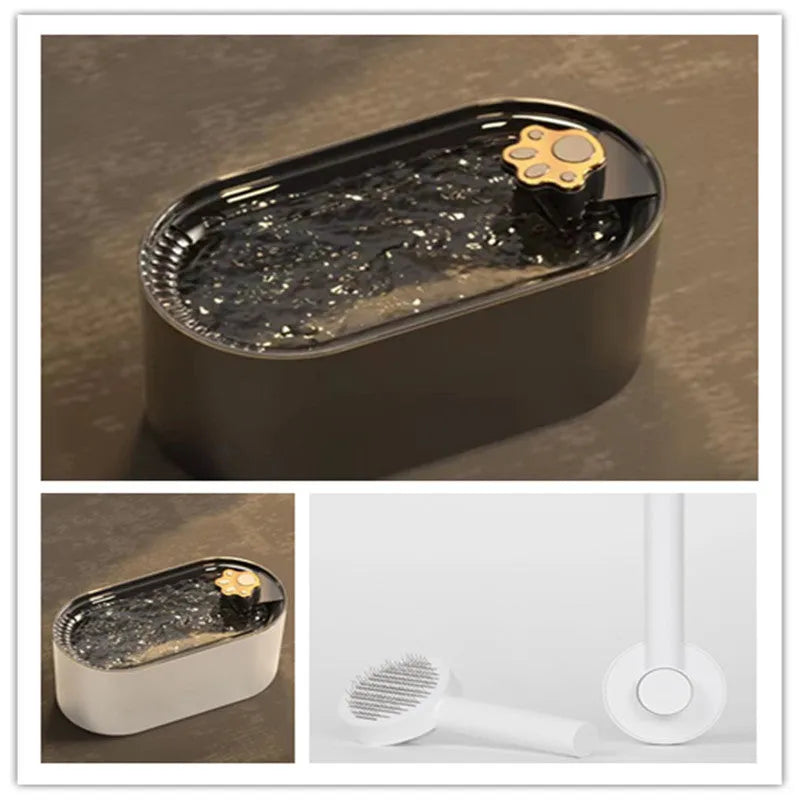 Blue automatic pet water fountain with filter on a floor next to a cat