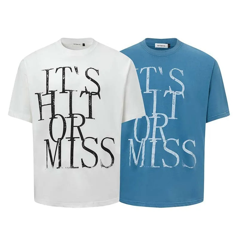 Men's American retro style T-shirt with printed letters in blue colour