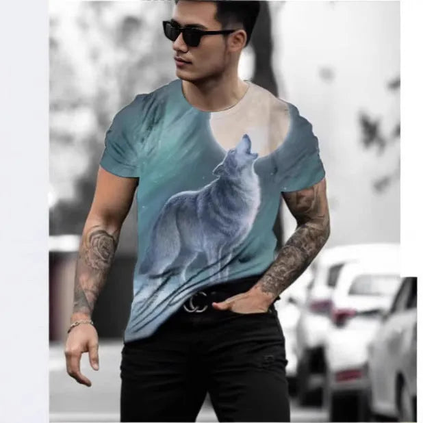 Retro 3D animal print on a men's grey short-sleeved t-shirt showing the digital print detail.