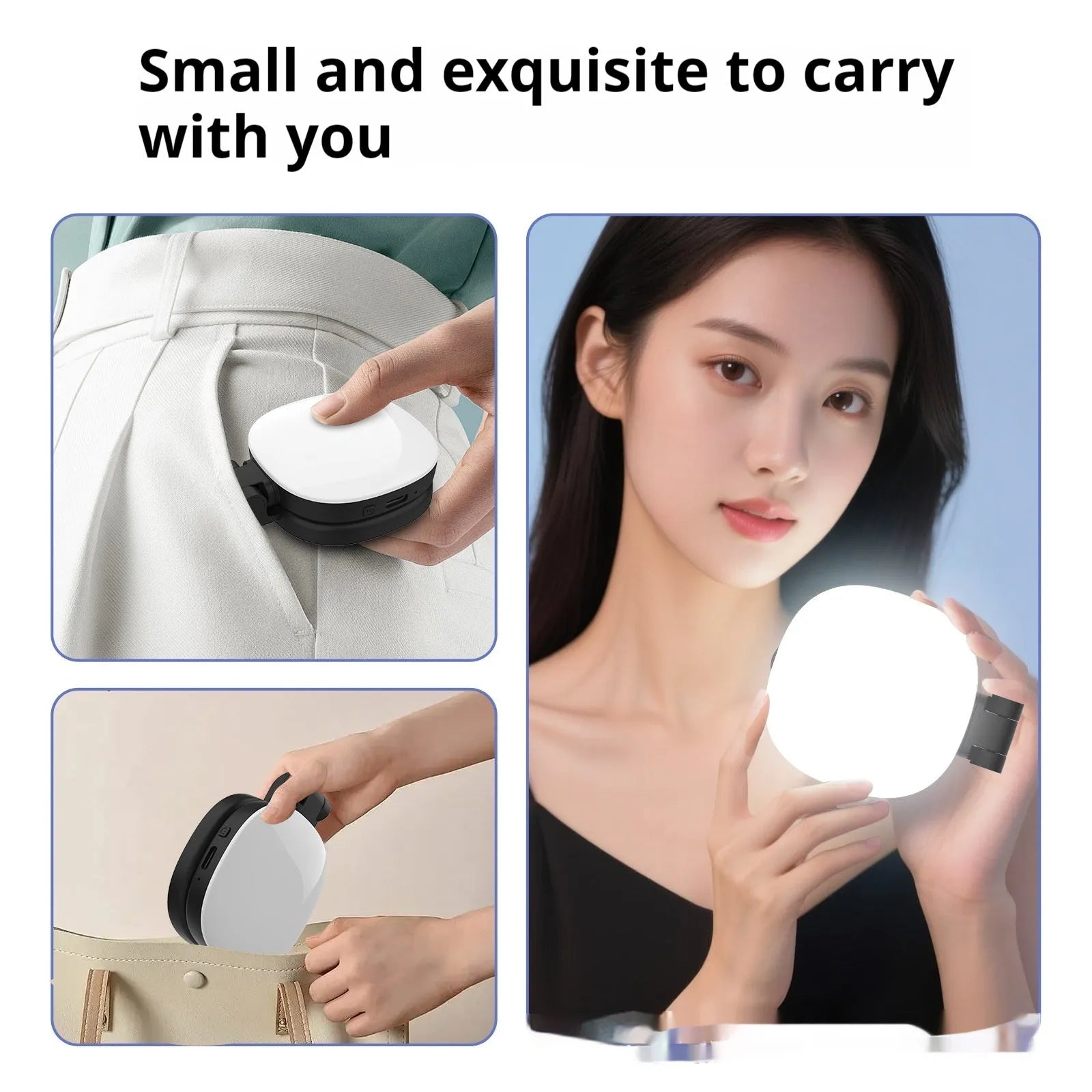 Black and white mobile phone magnetic selfie fill light with makeup mirror showing three-colour temperature adjustment