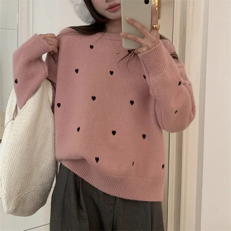 Women's acrylic pullover sweater with embroidery detailing in loose fit, crew neck and long sleeves