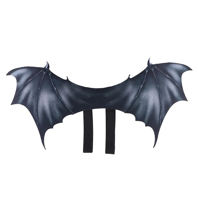 Black cloth bat wing costume for dog or cat, shown in large, medium, and small sizes.