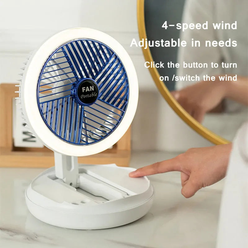 Blue foldable USB desk fan with LED light showing wall mounting bracket and pen holder