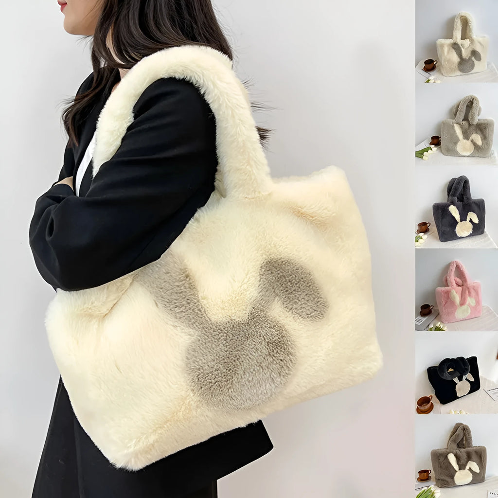 Cartoon rabbit ears plush shoulder bag in solid colour with large tote capacity