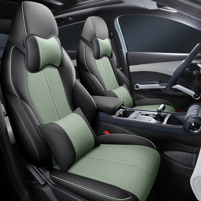 BYD Yuan PLUS car seat cushion cover set in green, shown fitted on a car seat.